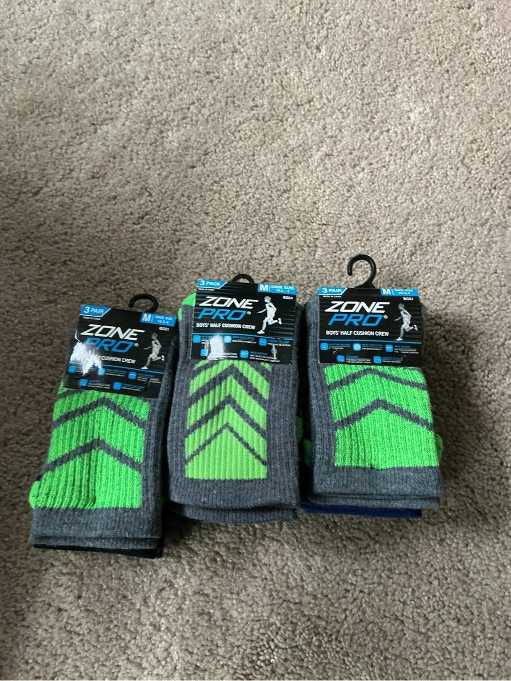 New Zone Pro Boys' Crew Athletic Socks in Green & Gray - 3 Pack